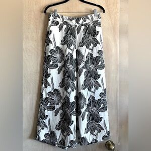 TAHARI Linen Wide Leg Pants Black White Tropical Print Women's Sz M NWOT